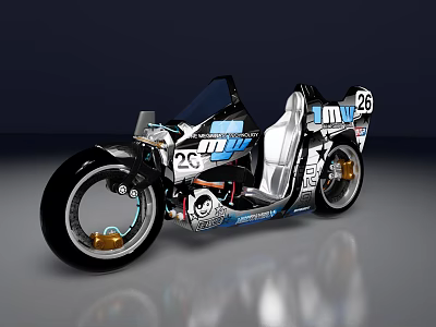 Racing Motorcycle With Streamlined Design Number 26 25 On Black White Blue Body Golden Wheels 3d model