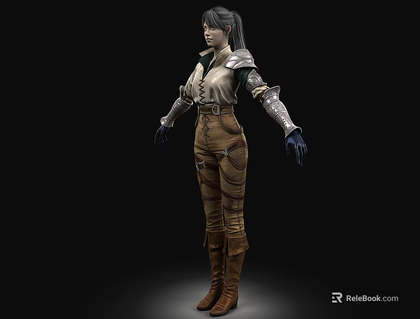 Game Movie Female Character With Black Hair White Top Armor Brown Pants And Boots 3d model 