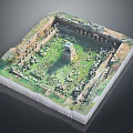 Ancient Ruins Square Model With Central Tower Columns Ruins And Green Vegetation 3d model