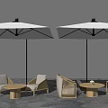 Modern Rattan Outdoor Sofa Set With Two White Umbrellas And Small Round Tables