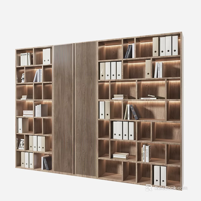 Modern Wooden Decorative Cabinet With Multiple Shelves Lighting And Folders Books 3d model 