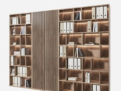 Modern Wooden Decorative Cabinet With Multiple Shelves Lighting And Folders Books 3d model