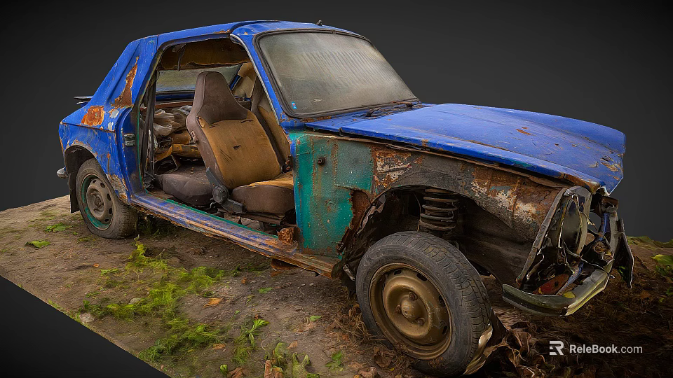 Abandoned Blue Car With Rusted Body Open Door Brown Interior Seats Surrounded By Grass 3d model 