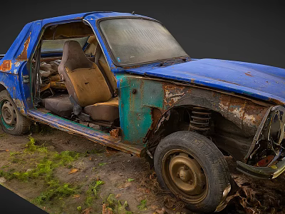 Abandoned Blue Car With Rusted Body Open Door Brown Interior Seats Surrounded By Grass 3d model