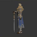 Man Wearing Blue and Gold Ornate Armor Holding Elaborate Sword on Dark Background