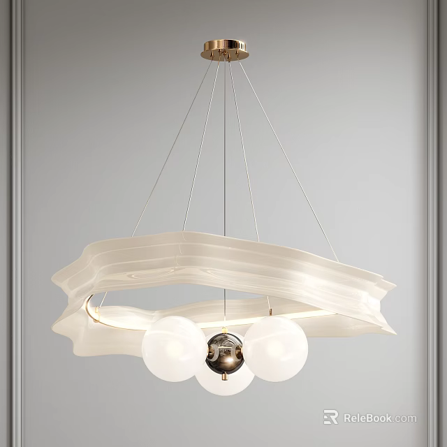 Modern White Chandelier With Wave Shaped Circular Frame And Suspended Glass Balls 3d model 