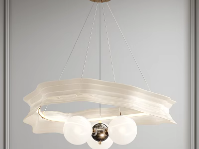Modern White Chandelier With Wave Shaped Circular Frame And Suspended Glass Balls 3d model