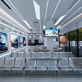 Modern Station Waiting Area With Silver Seats Wall Posters TV Screens And Ceiling Linear Lights