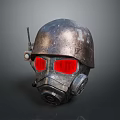 Worn Metallic Military Tactical Weapon Helmet With Gas Mask And Red Glowing Eyes