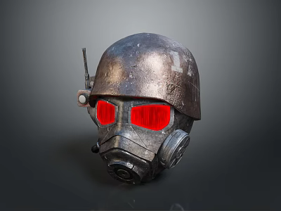 Worn Metallic Military Tactical Weapon Helmet With Gas Mask And Red Glowing Eyes 3d model