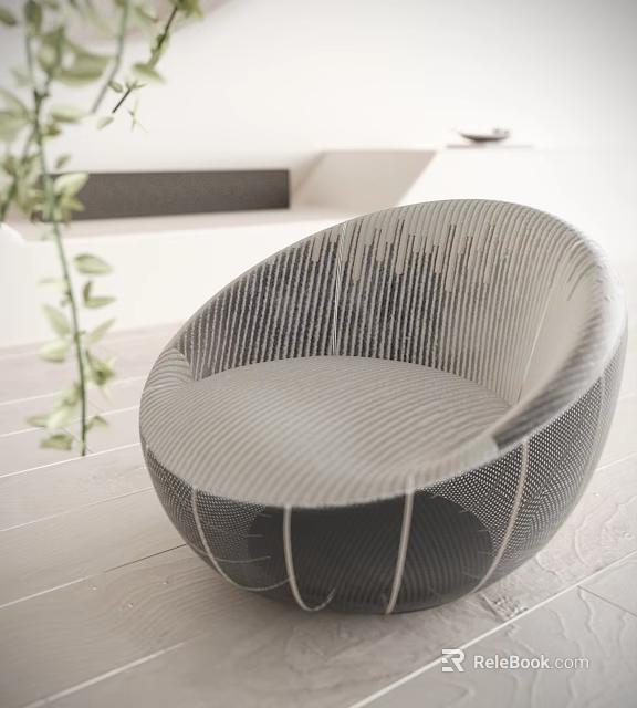 Modern Rounded Single Sofa with Striped Upholstery like Potted Plant and Light Wooden Floor 3d model 