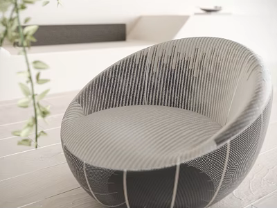 Modern Rounded Single Sofa with Striped Upholstery like Potted Plant and Light Wooden Floor 3d model