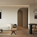 Modern Living Dining Room With TV Fireplace Wooden Coffee Table Light Walls And Wooden Floors