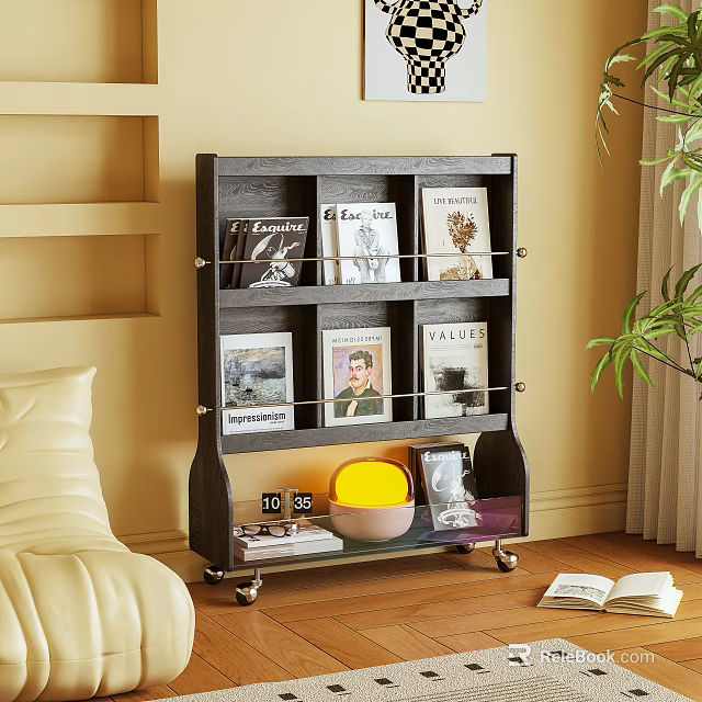 Black Multi Tier Storage Shelf With Books Magazines Yellow Bowl And Glass Tray 3d model 