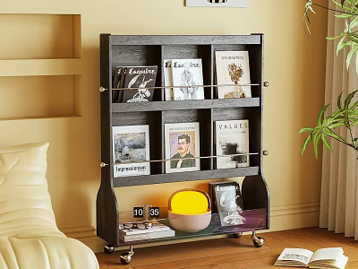 Black Multi Tier Storage Shelf With Books Magazines Yellow Bowl And Glass Tray 3d model
