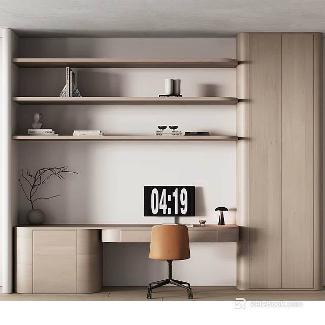 Modern Wooden Bookshelf Interior With Multiple Shelves Decorative Items Desk Chair And Clock 3d model 