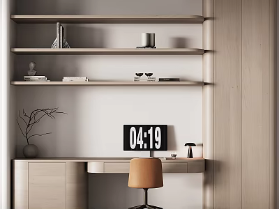 Modern Wooden Bookshelf Interior With Multiple Shelves Decorative Items Desk Chair And Clock 3d model