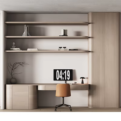 Modern Wooden Bookshelf Interior With Multiple Shelves Decorative Items Desk Chair And Clock 3d model