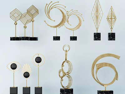Modern Gold Metal Decorative Ornament Set With Black Marble Base And Geometric Shapes 3d model