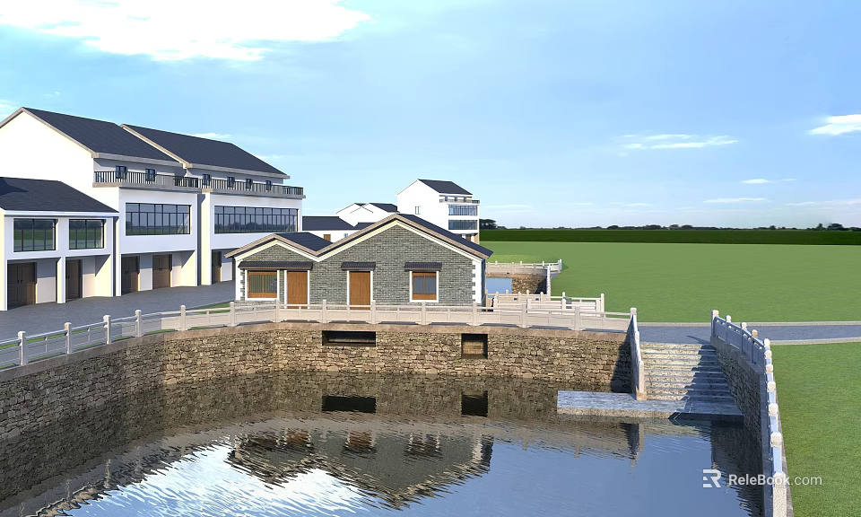 Traditional Village Buildings With Water Pond Reflections Gray Walls And Green Grassland 3d model 