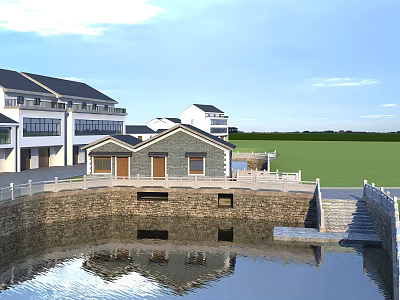 Traditional Village Buildings With Water Pond Reflections Gray Walls And Green Grassland 3d model