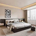 Modern Bedroom Interior With Bed Wall Art Pendant Light Window Curtains And Area Rug