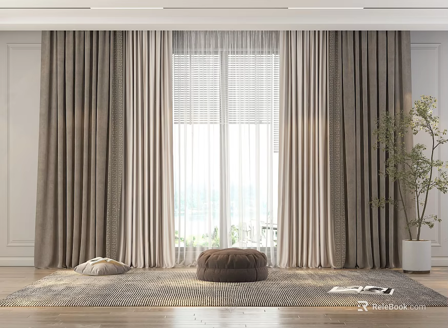 Gray Curtains With Sheer Panels In Modern Living Room Interior With Rug Pouf And Floor Plant 3d model 