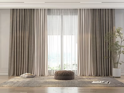Gray Curtains With Sheer Panels In Modern Living Room Interior With Rug Pouf And Floor Plant 3d model