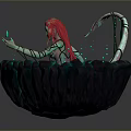 Red Haired Female Character In Glowing Pool With Lily Pads And Aquatic Creatures