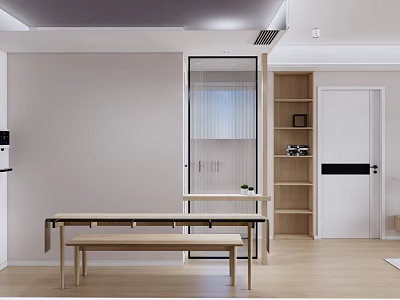 Modern Living Dining Room Interior With Light Wood Table Bench And Wooden Bookshelf 3d model