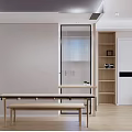 Modern Living Dining Room Interior With Light Wood Table Bench And Wooden Bookshelf