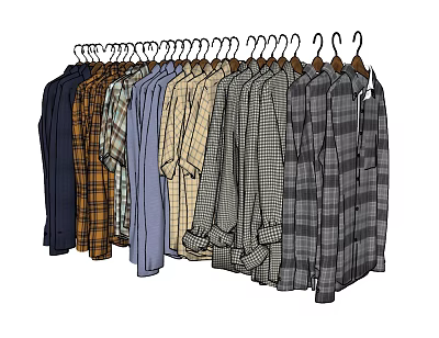 Various Colored And Plaid Shirts Hanging On Multiple Hangers For Closet 3d model