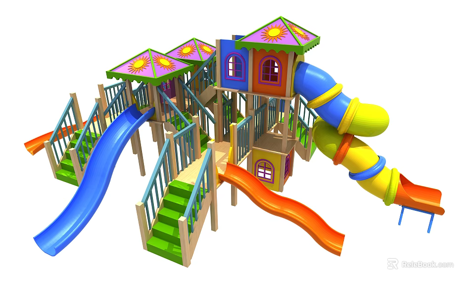 Colorful Playground Equipment With Multiple Slides House Shaped Roofs Green Stairs And Railings 3d model 