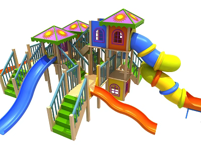 Colorful Playground Equipment With Multiple Slides House Shaped Roofs Green Stairs And Railings 3d model