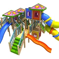 Colorful Playground Equipment With Multiple Slides House Shaped Roofs Green Stairs And Railings