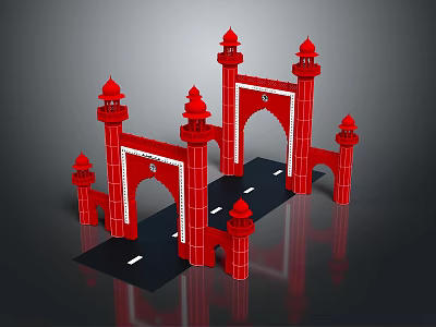 Red Symmetrical Gate Structure With Towers Arches And Road Base 3d model