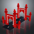 Red Symmetrical Gate Structure With Towers Arches And Road Base