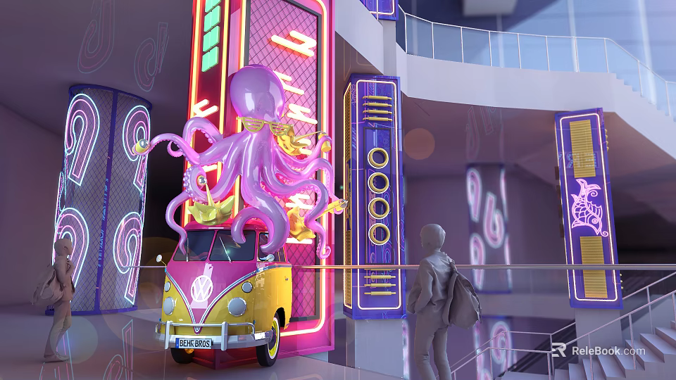 Pink Octopus Art Installation With Yellow Vintage Van And Neon Lights In Modern Interior 3d model 