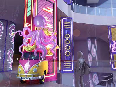 Pink Octopus Art Installation With Yellow Vintage Van And Neon Lights In Modern Interior 3d model