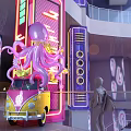 Pink Octopus Art Installation With Yellow Vintage Van And Neon Lights In Modern Interior
