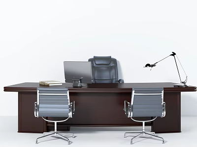 Modern Executive Office Desk With Computer Monitor Two Chairs And Adjustable Lamp 3d model