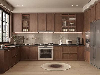 Wooden Cabinet Kitchen Interior With Large Window Tile Backsplash Oven Refrigerator And Wooden Flooring 3d model