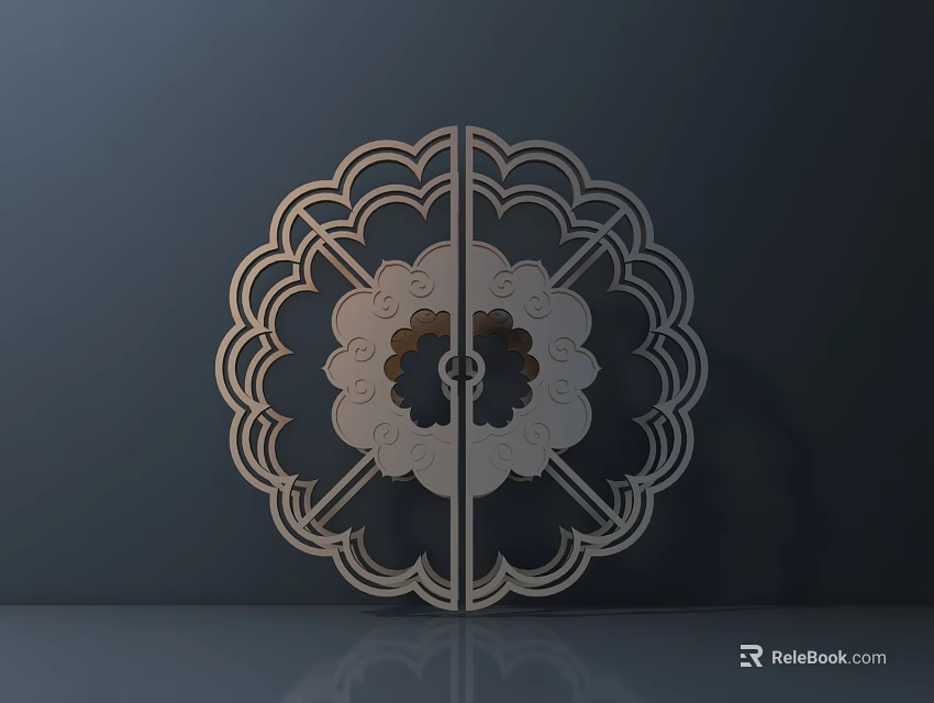 Chinese Style Metal Door Handle With Intricate Patterns And Circular Center Decoration 3d model 