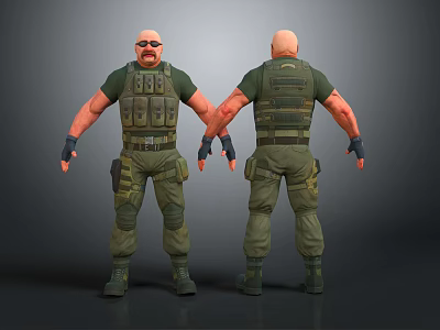 Bald Male Tactical Character In Green Military Uniform With Vest Goggles And Muscular Arms 3d model