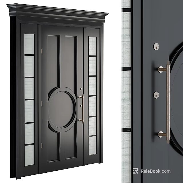 Modern Black Swing Door Design With Glass Panels Circular Accent And Metal Handles 3d model 