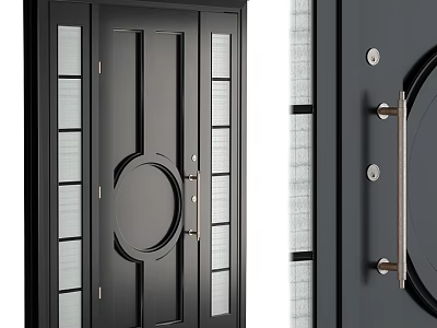 Modern Black Swing Door Design With Glass Panels Circular Accent And Metal Handles 3d model