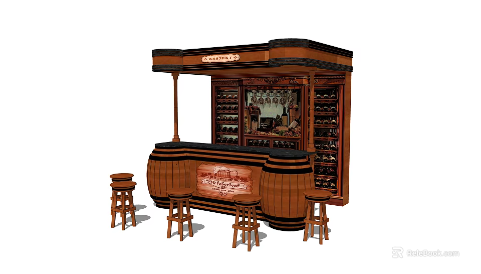 Rustic Wooden Bar Counter With Wine Racks Wine Bottles And Front Bar Stools 3d model 