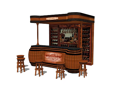 Rustic Wooden Bar Counter With Wine Racks Wine Bottles And Front Bar Stools 3d model