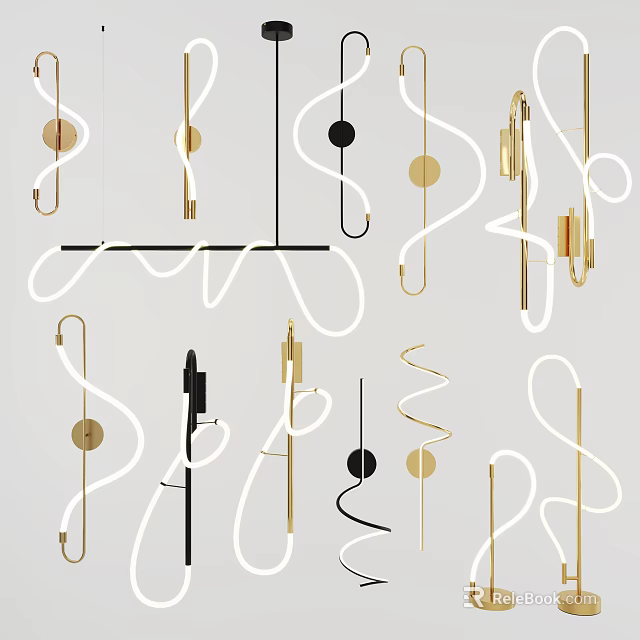 Modern Luxury Wall Lamps With Various Curved Designs And Black White Gold Finishes 3d model 
