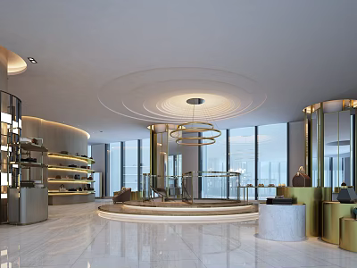 Modern Luxury Spacious Bright Boutique With Round Chandelier Marble Display Stand And Gold Accents 3d model